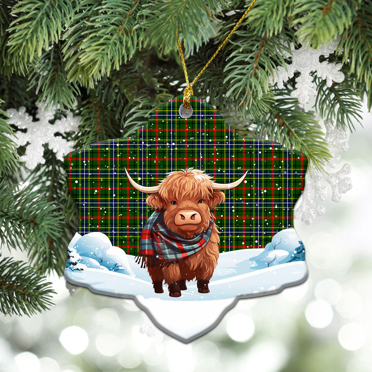 Bisset Tartan Christmas Ceramic Ornament - Highland Cows Snow Style