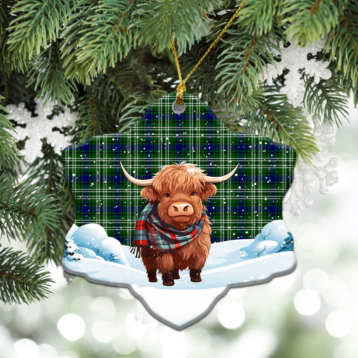 Blackadder Tartan Christmas Ceramic Ornament - Highland Cows Snow Style
