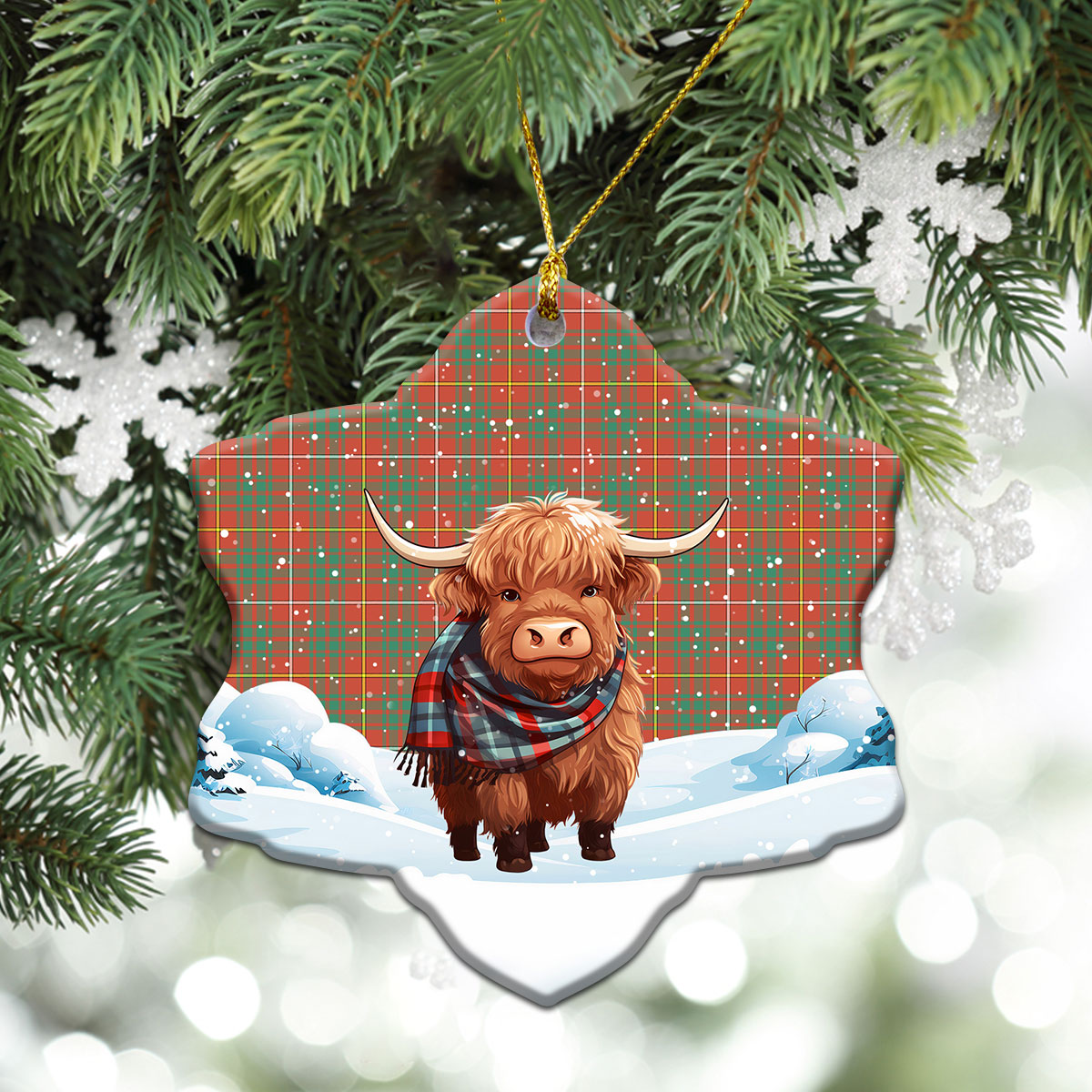 Bruce Ancient Tartan Christmas Ceramic Ornament - Highland Cows Snow Style