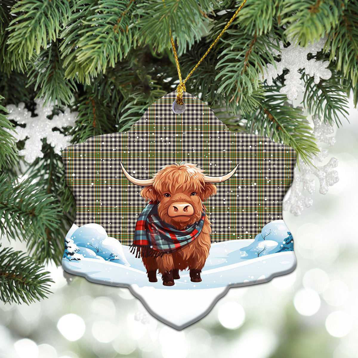 Burns Check Tartan Christmas Ceramic Ornament - Highland Cows Snow Style