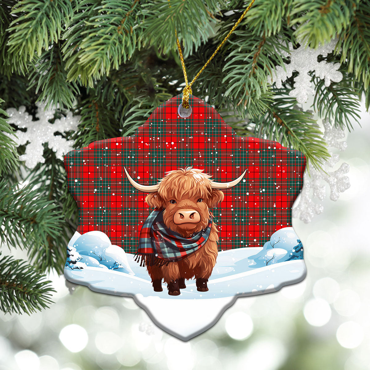 Cheyne Tartan Christmas Ceramic Ornament - Highland Cows Snow Style