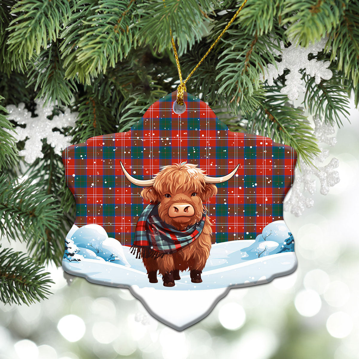 Chisholm Ancient Tartan Christmas Ceramic Ornament - Highland Cows Snow Style