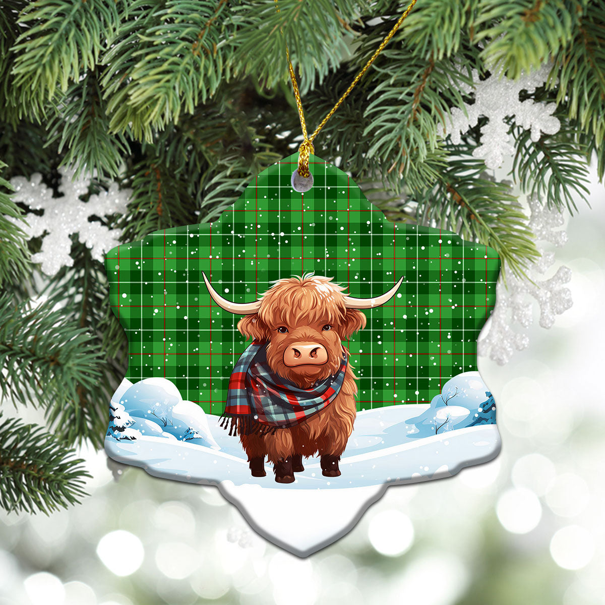 Clephan (or Clephane) Tartan Christmas Ceramic Ornament - Highland Cows Snow Style