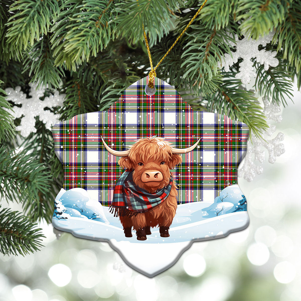 Dennistoun Tartan Christmas Ceramic Ornament - Highland Cows Snow Style