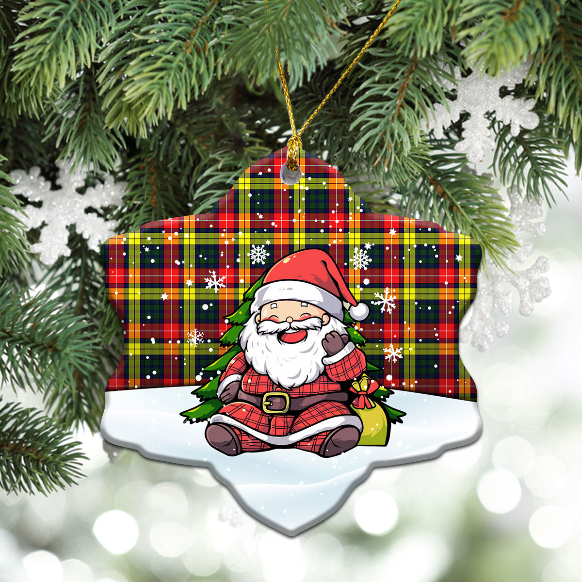 Dewar Tartan Christmas Ceramic Ornament - Scottish Santa Style