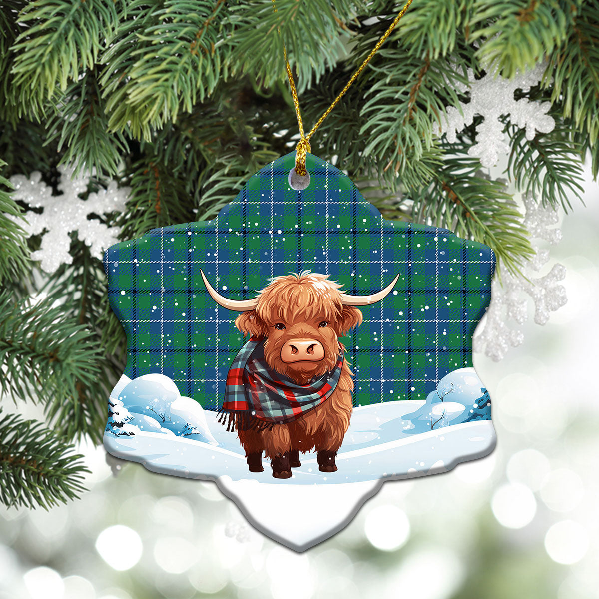 Douglas Ancient Tartan Christmas Ceramic Ornament - Highland Cows Snow Style