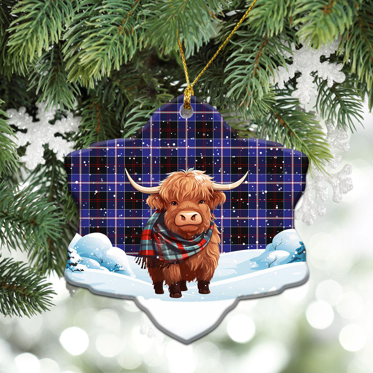 Dunlop Modern Tartan Christmas Ceramic Ornament - Highland Cows Snow Style