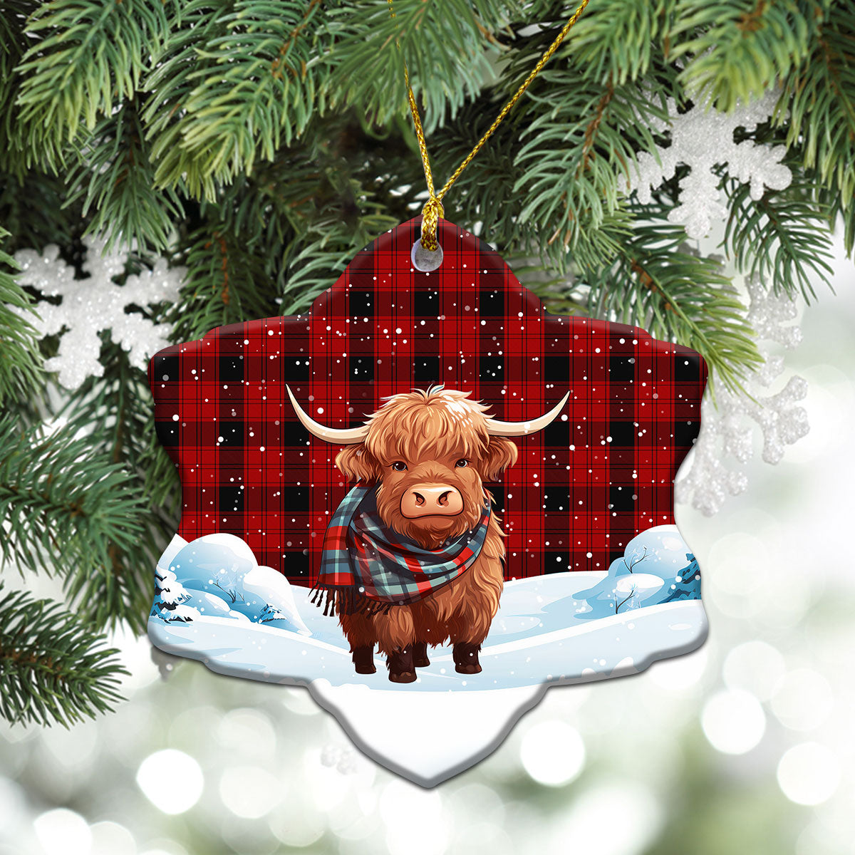 Ewing Tartan Christmas Ceramic Ornament - Highland Cows Snow Style
