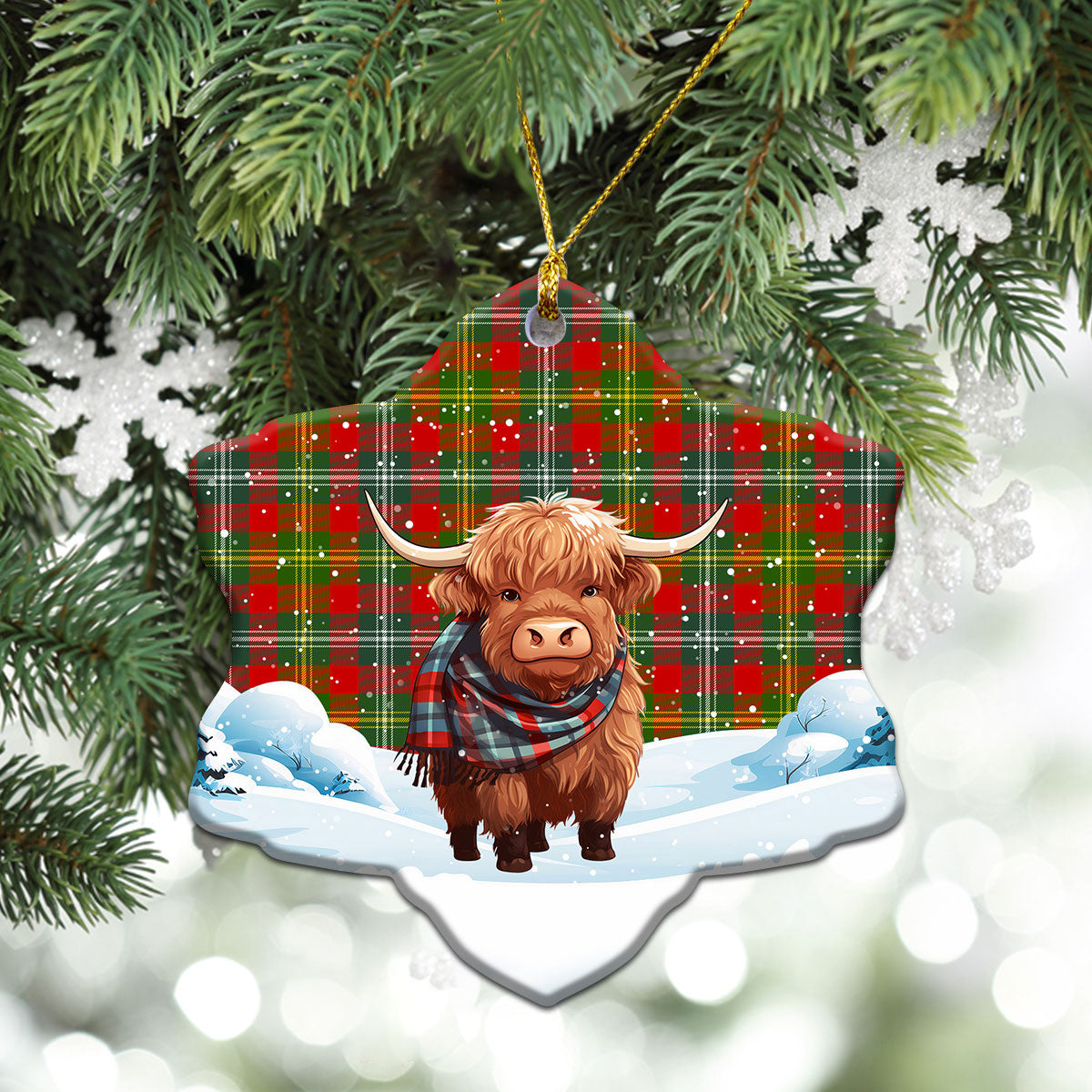 Forrester Tartan Christmas Ceramic Ornament - Highland Cows Snow Style