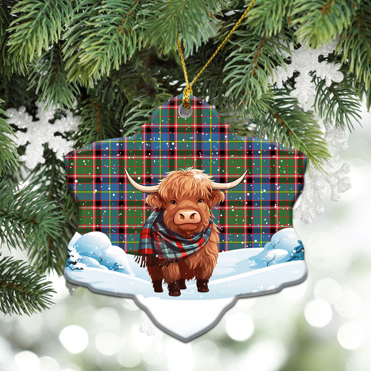 Glass Tartan Christmas Ceramic Ornament - Highland Cows Snow Style