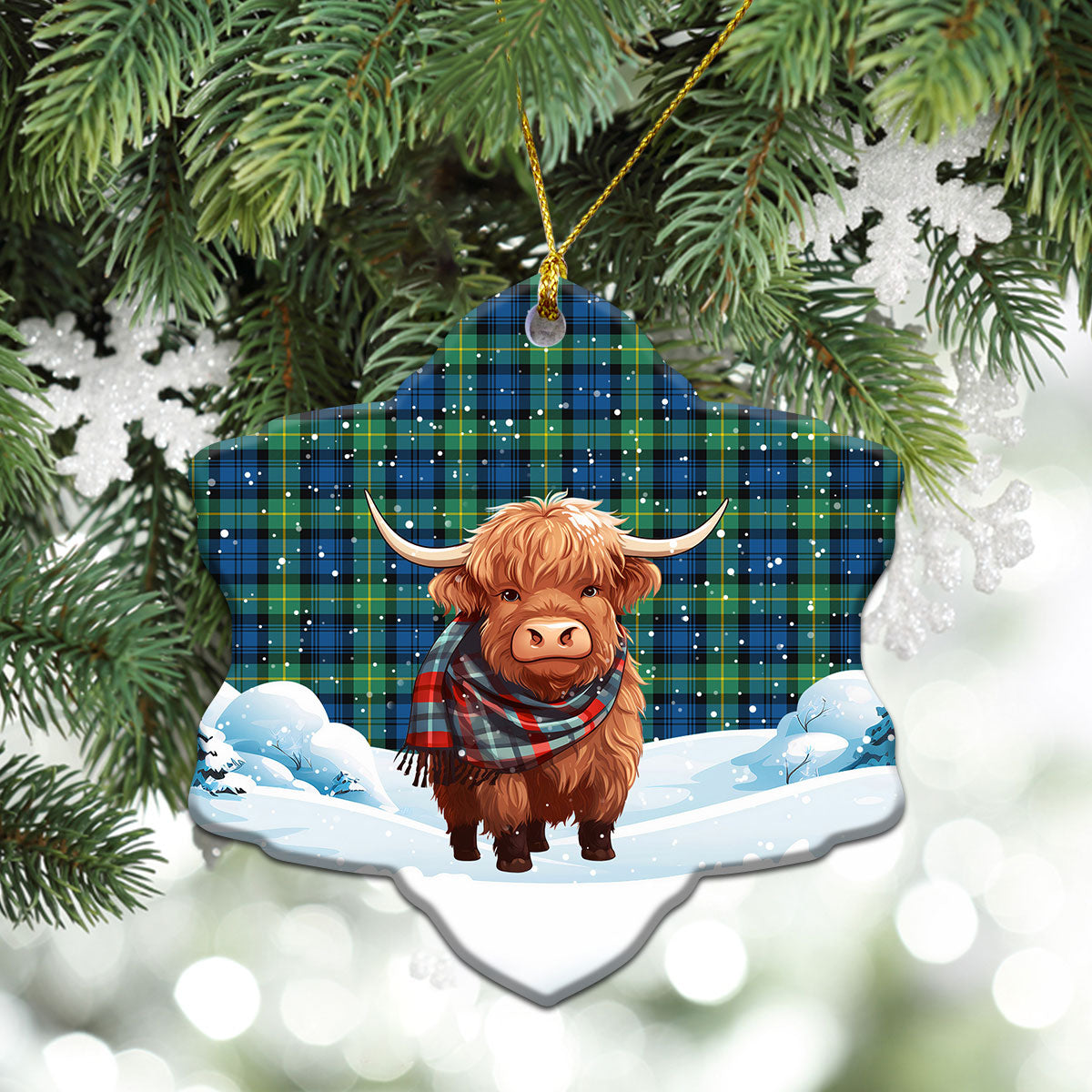 Gordon Ancient Tartan Christmas Ceramic Ornament - Highland Cows Snow Style