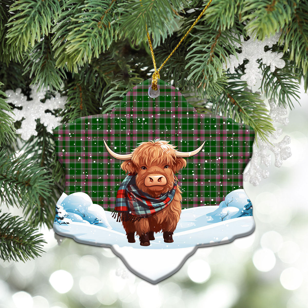 Gray Hunting Tartan Christmas Ceramic Ornament - Highland Cows Snow Style