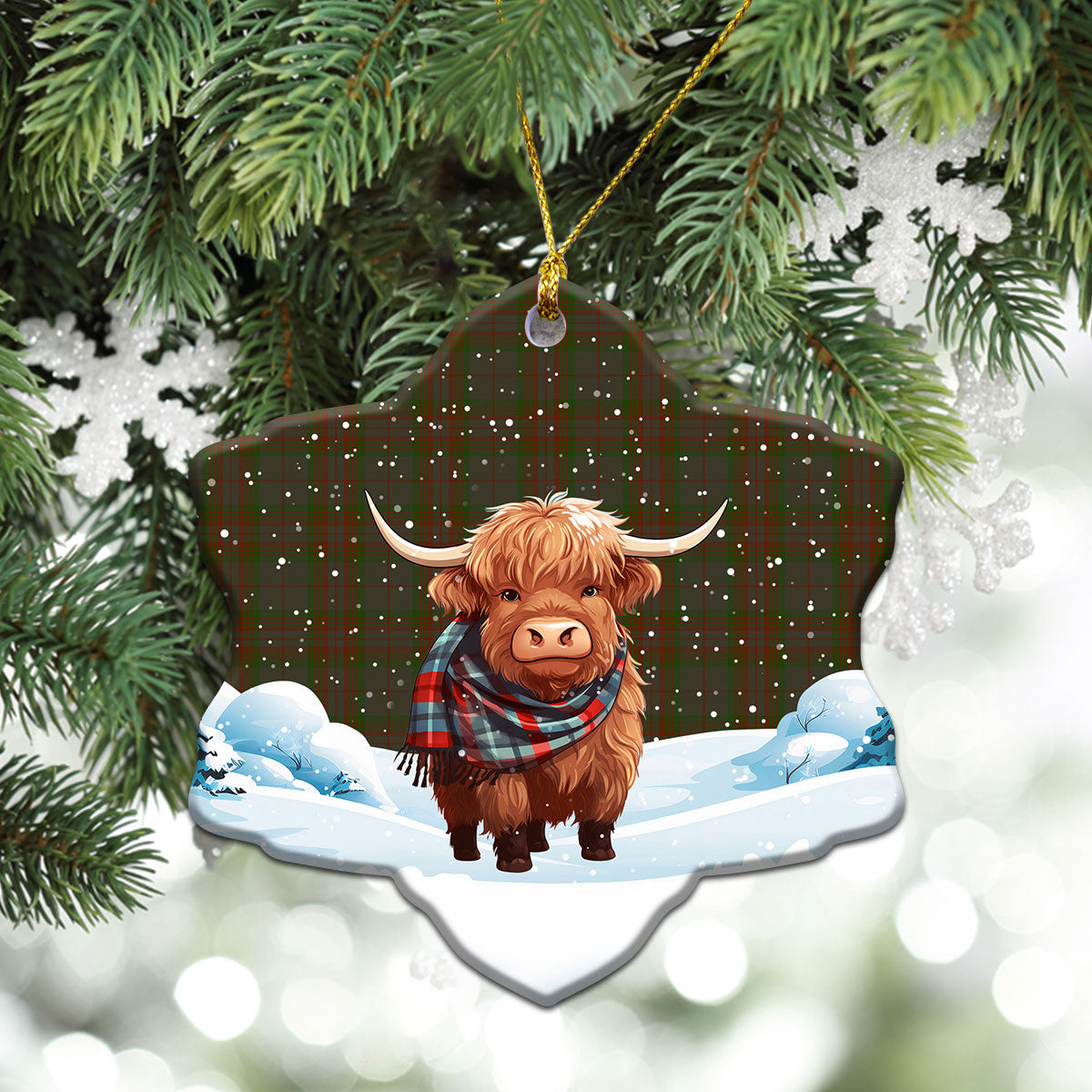 Gray Tartan Christmas Ceramic Ornament - Highland Cows Snow Style