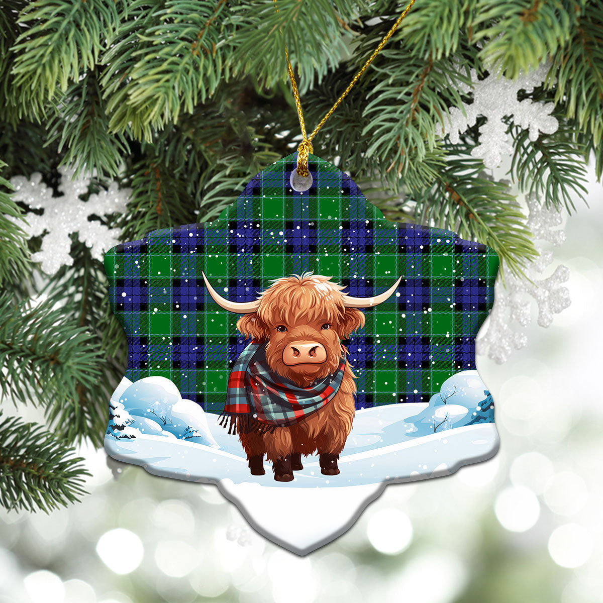 Haldane Tartan Christmas Ceramic Ornament - Highland Cows Snow Style