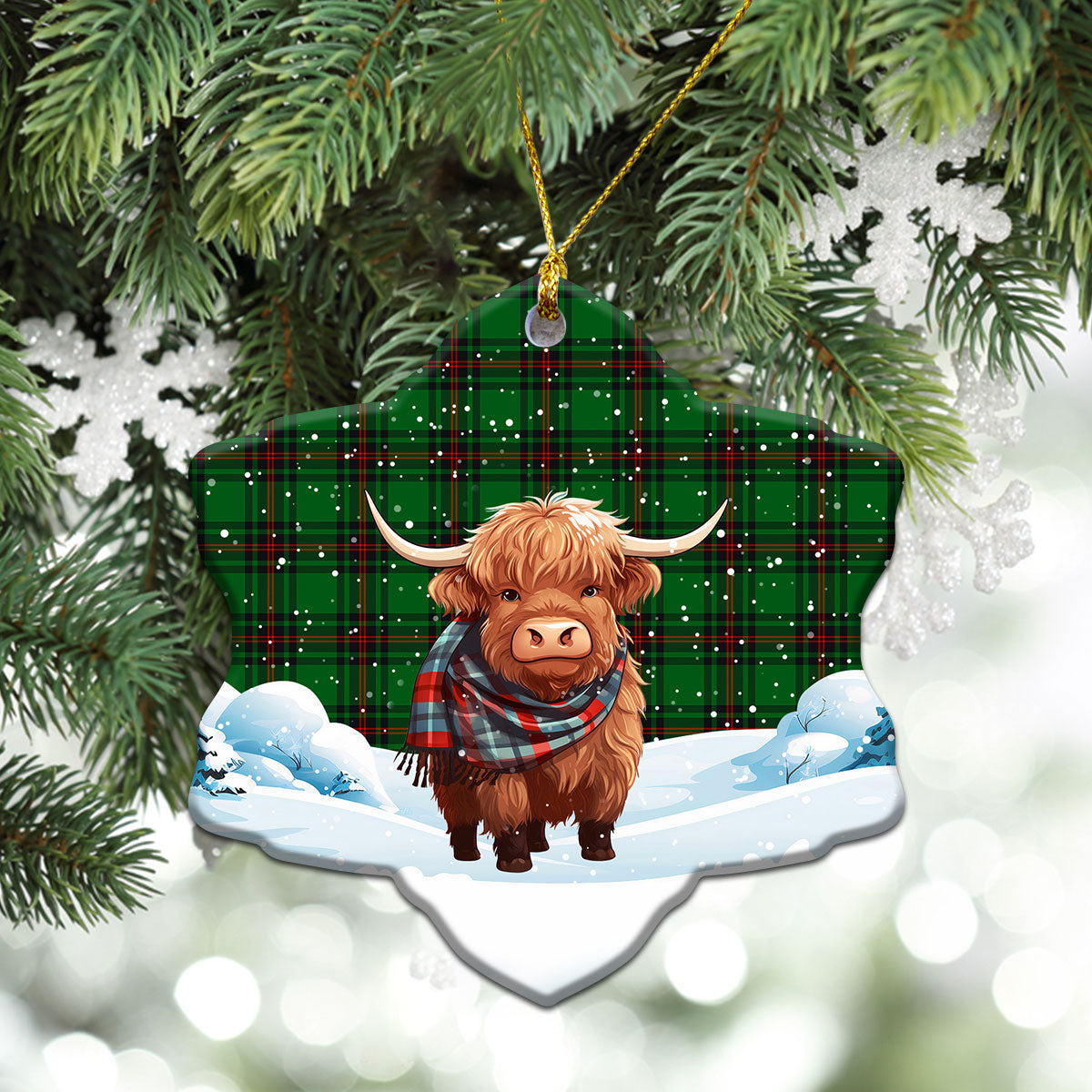 Halkerston Tartan Christmas Ceramic Ornament - Highland Cows Snow Style