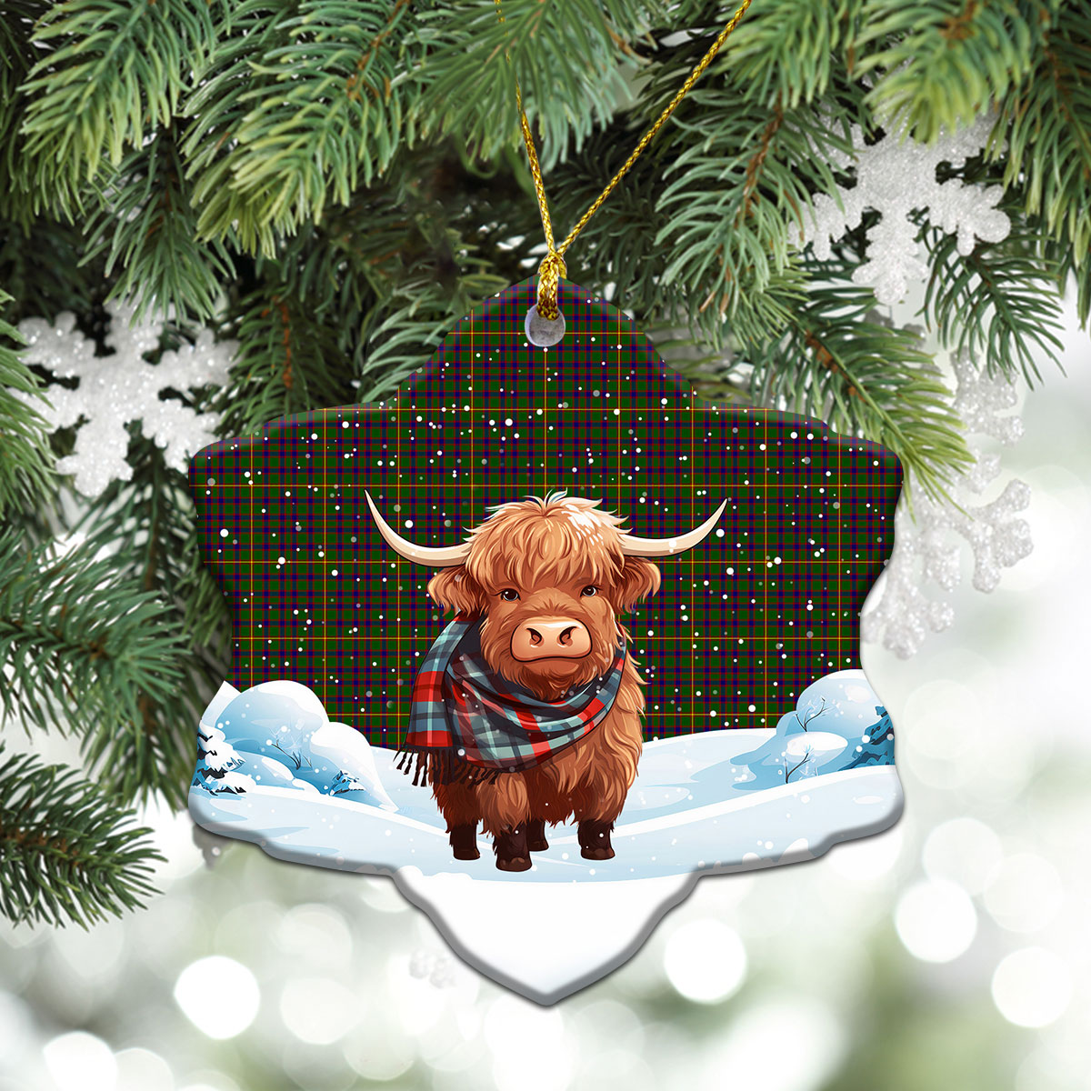 Hall Tartan Christmas Ceramic Ornament - Highland Cows Snow Style