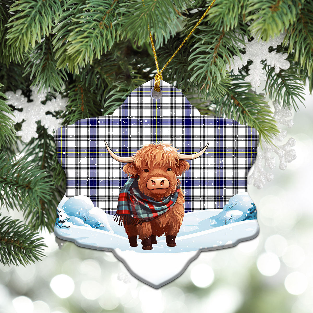 Hannay Modern Tartan Christmas Ceramic Ornament - Highland Cows Snow Style