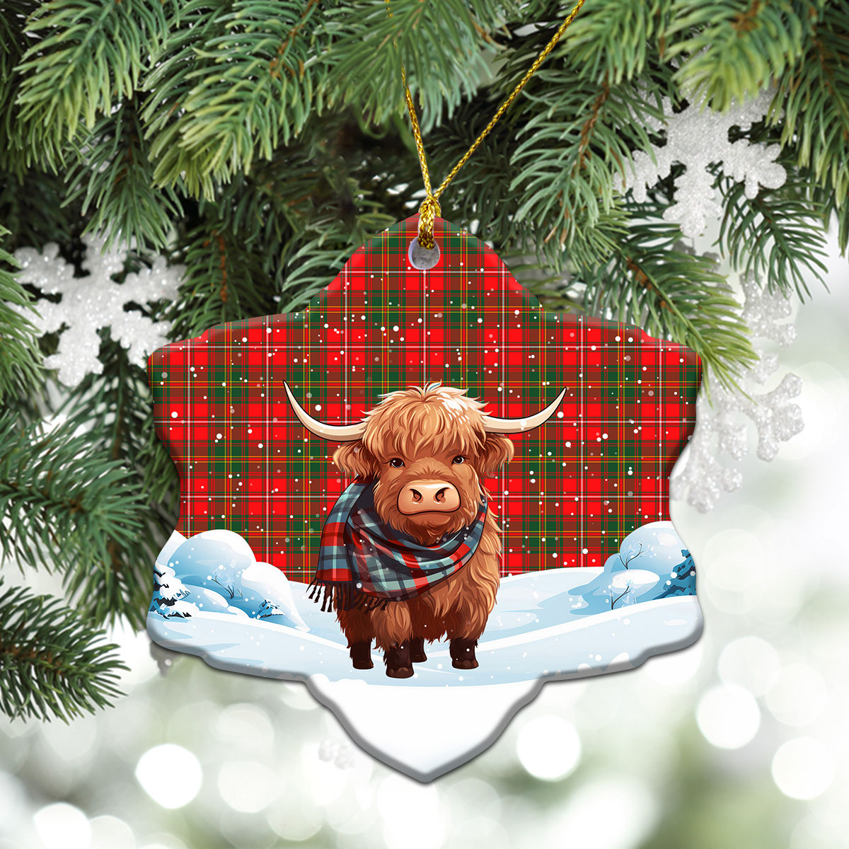 Hay Modern Tartan Christmas Ceramic Ornament - Highland Cows Snow Style