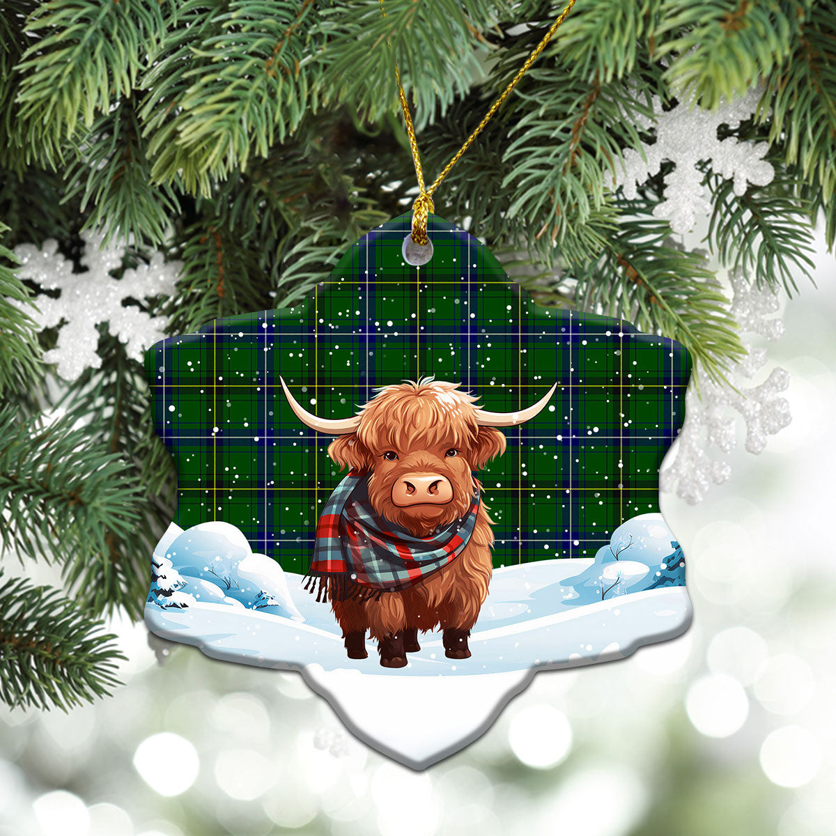 Henderson Modern Tartan Christmas Ceramic Ornament - Highland Cows Snow Style