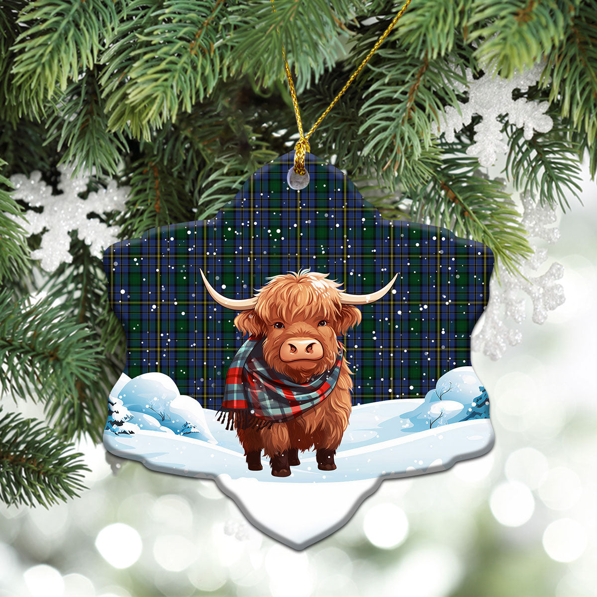 Hope Tartan Christmas Ceramic Ornament - Highland Cows Snow Style