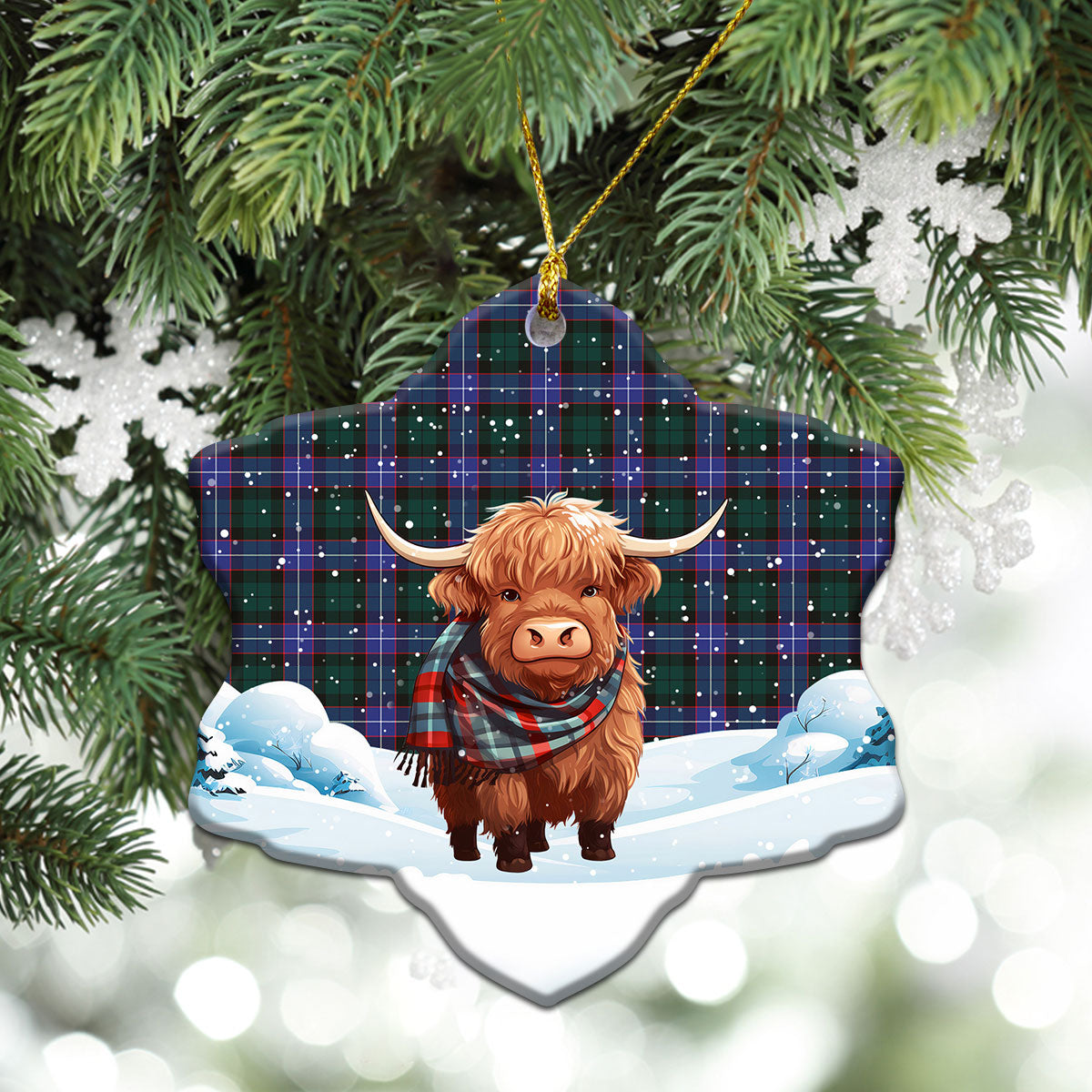 Hunter Modern Tartan Christmas Ceramic Ornament - Highland Cows Snow Style