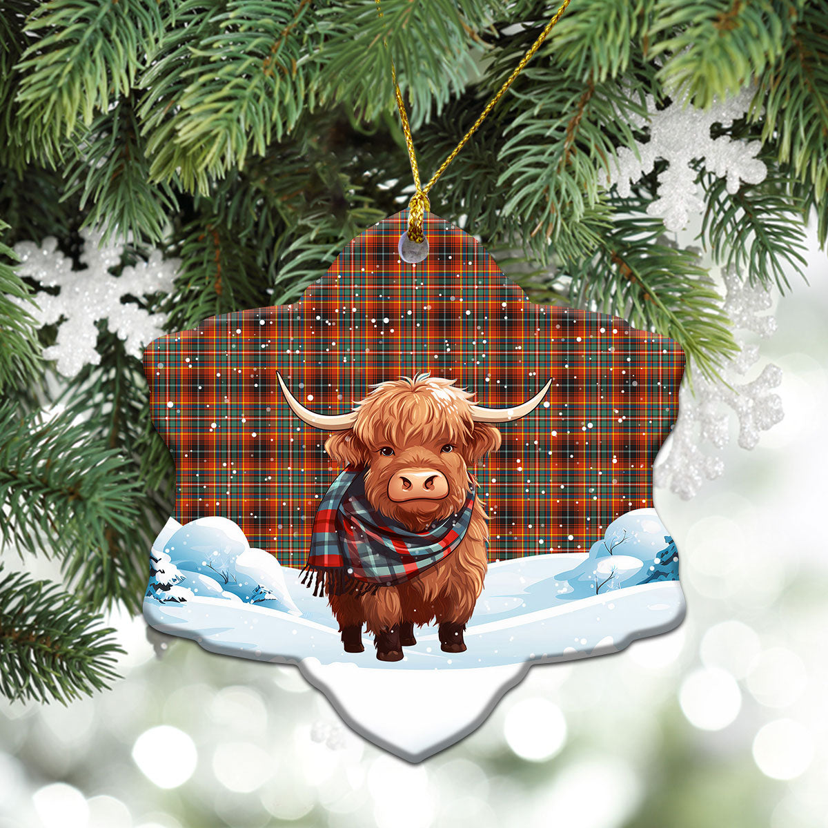 Innes Ancient Tartan Christmas Ceramic Ornament - Highland Cows Snow Style