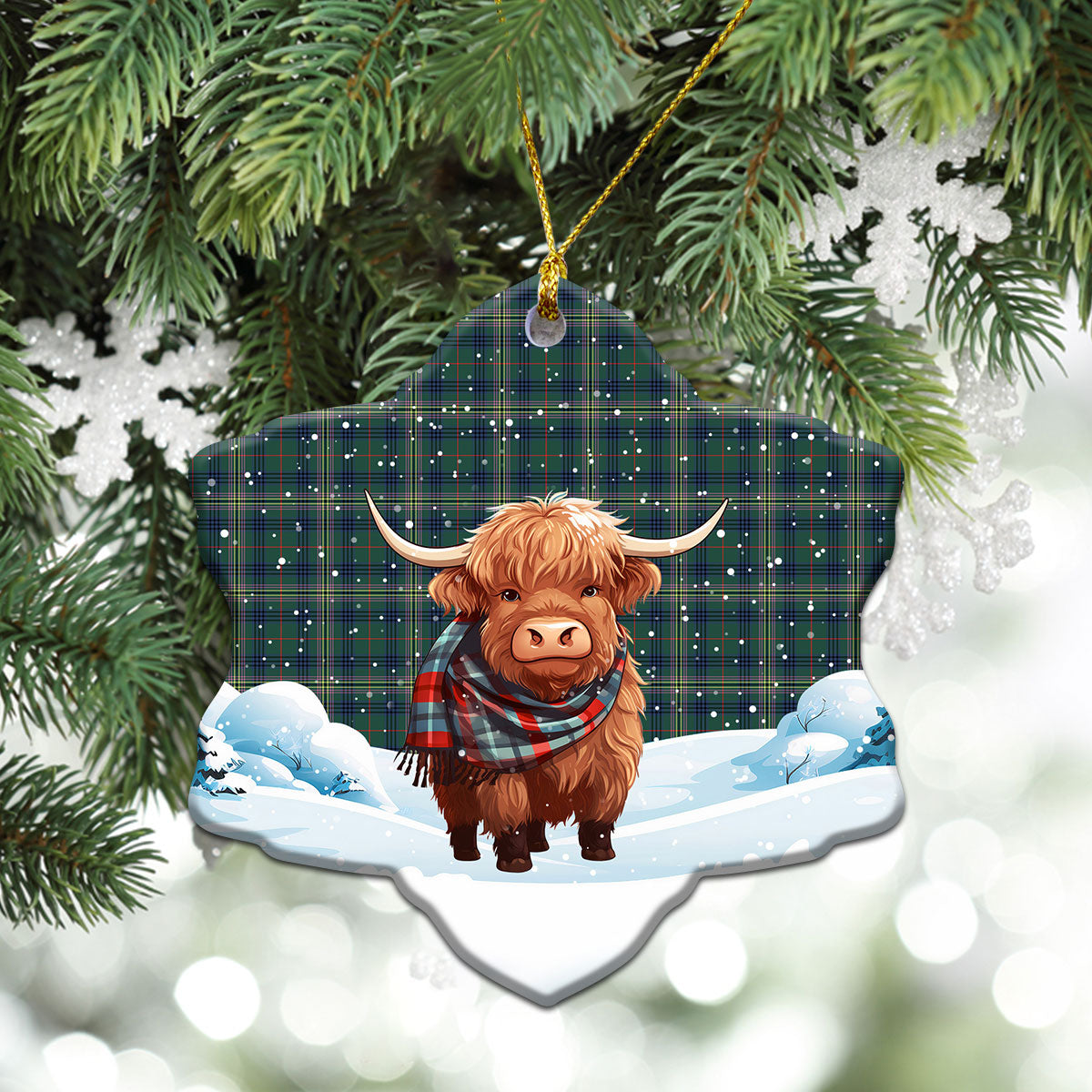 Kennedy Modern Tartan Christmas Ceramic Ornament - Highland Cows Snow Style