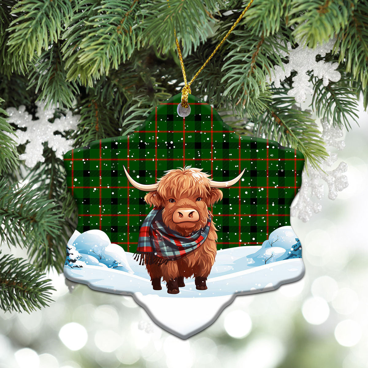 Kincaid Tartan Christmas Ceramic Ornament - Highland Cows Snow Style