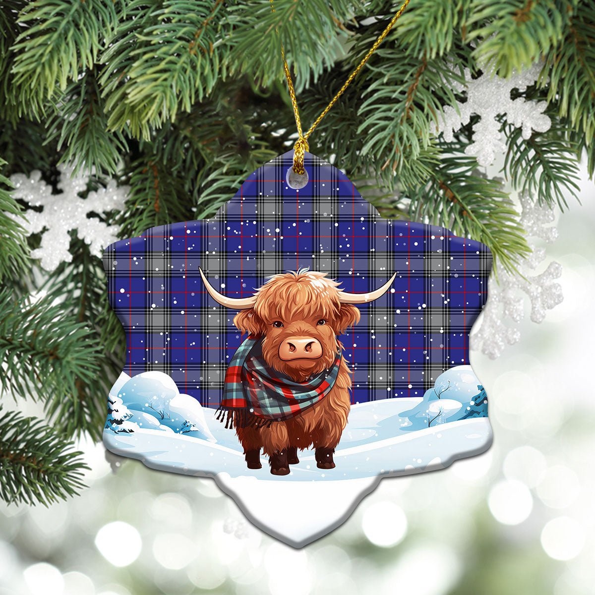 Kinnaird Tartan Christmas Ceramic Ornament - Highland Cows Snow Style