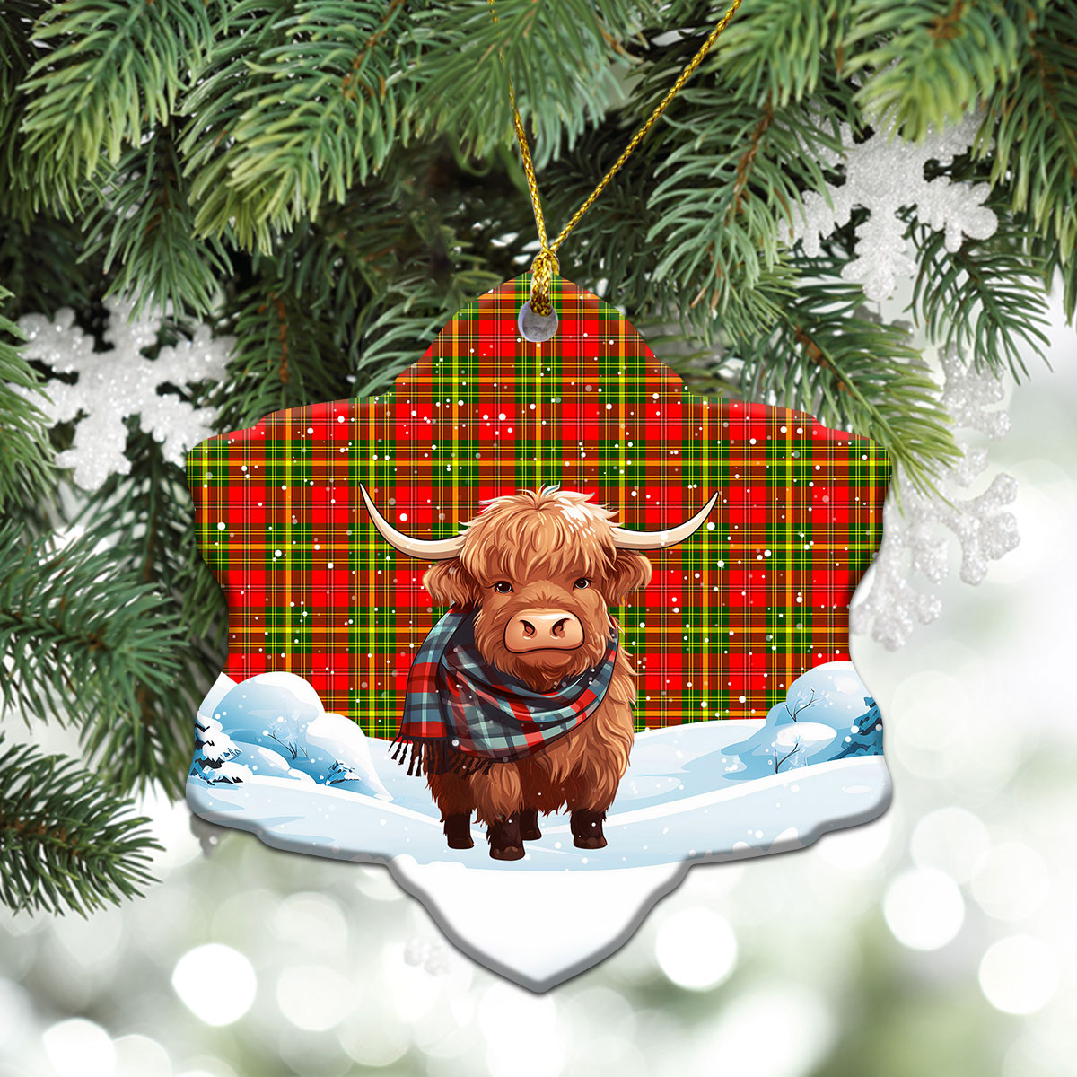 Leask Tartan Christmas Ceramic Ornament - Highland Cows Snow Style