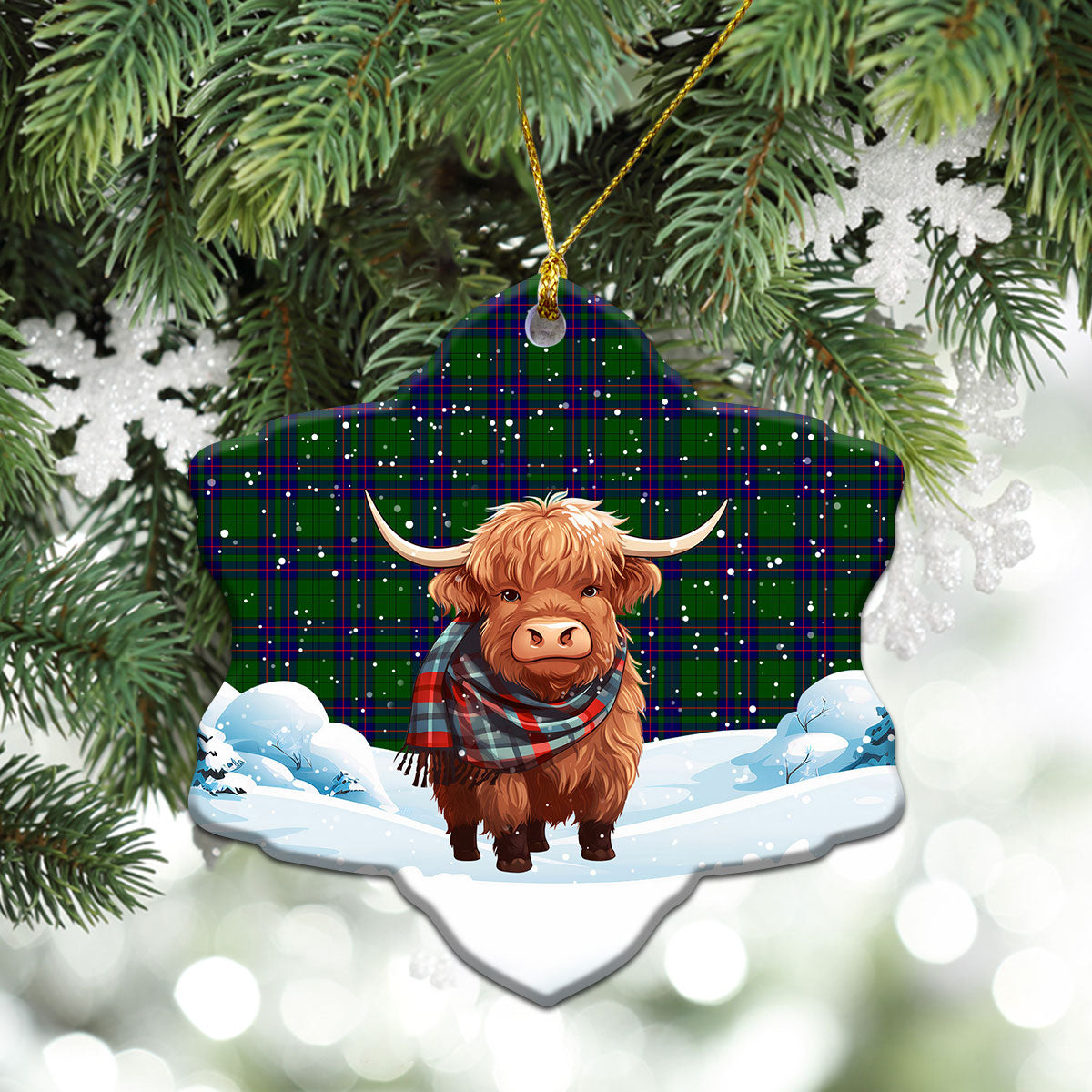 Lockhart Modern Tartan Christmas Ceramic Ornament - Highland Cows Snow Style
