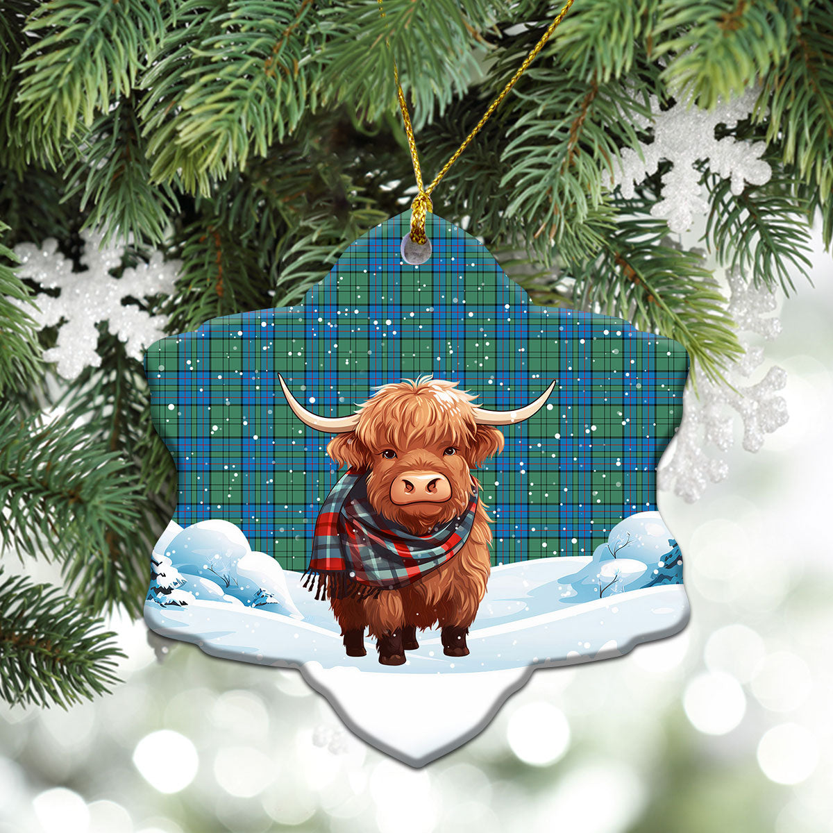 Lockhart Tartan Christmas Ceramic Ornament - Highland Cows Snow Style