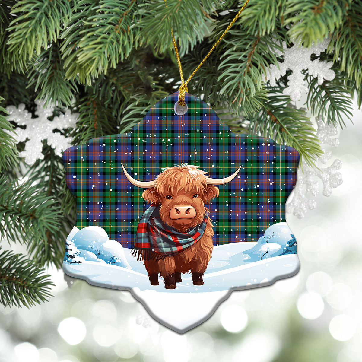 Logan Ancient Tartan Christmas Ceramic Ornament - Highland Cows Snow Style