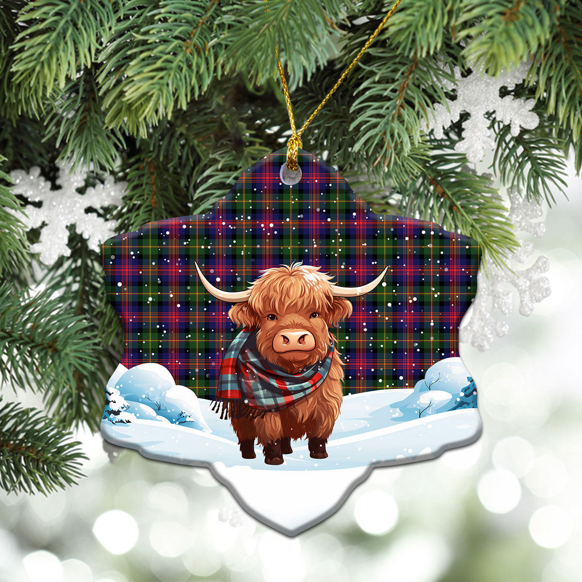 Logan Modern Tartan Christmas Ceramic Ornament - Highland Cows Snow Style