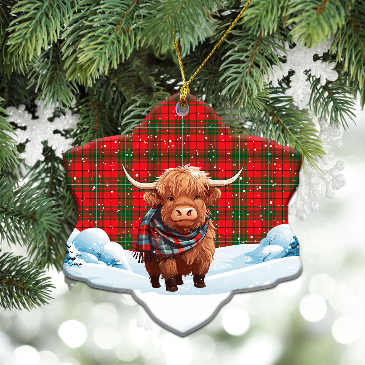 MacAuley Modern Tartan Christmas Ceramic Ornament - Highland Cows Snow Style