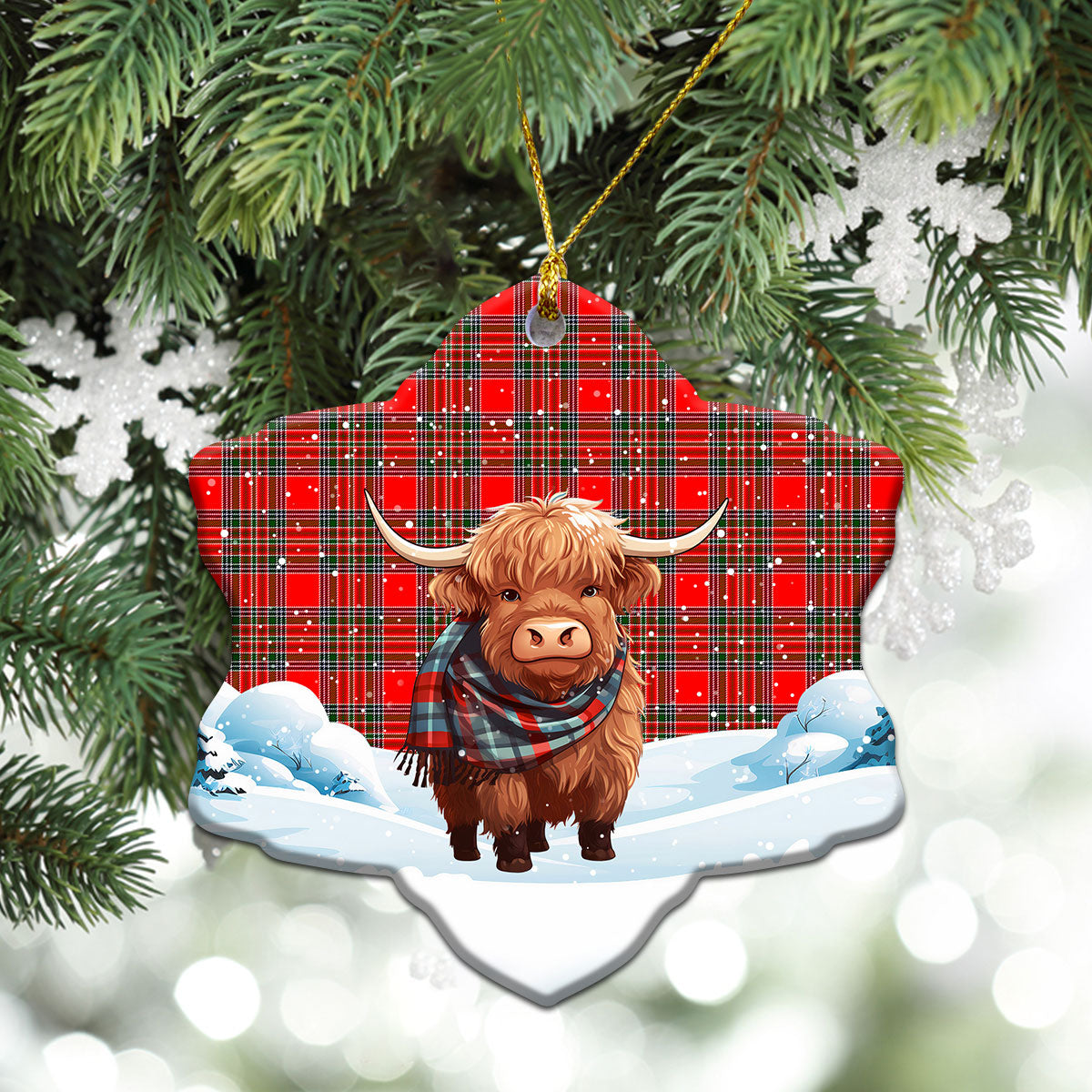 MacBean Tartan Christmas Ceramic Ornament - Highland Cows Snow Style