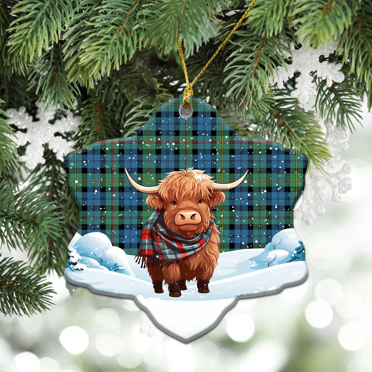 MacEwan Ancient Tartan Christmas Ceramic Ornament - Highland Cows Snow Style