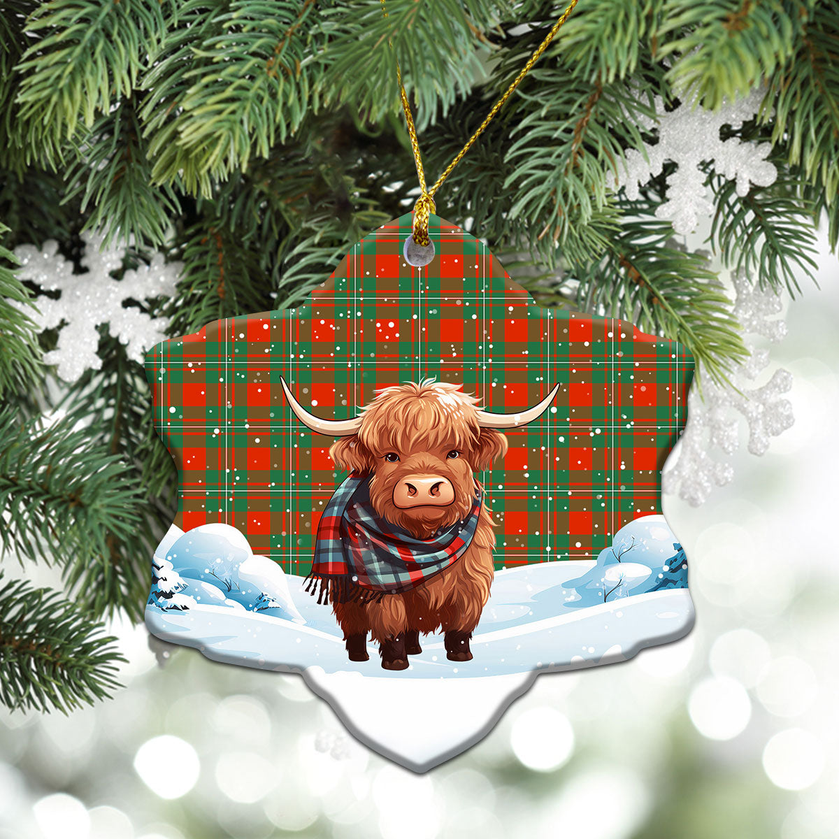 MacGregor Ancient Tartan Christmas Ceramic Ornament - Highland Cows Snow Style
