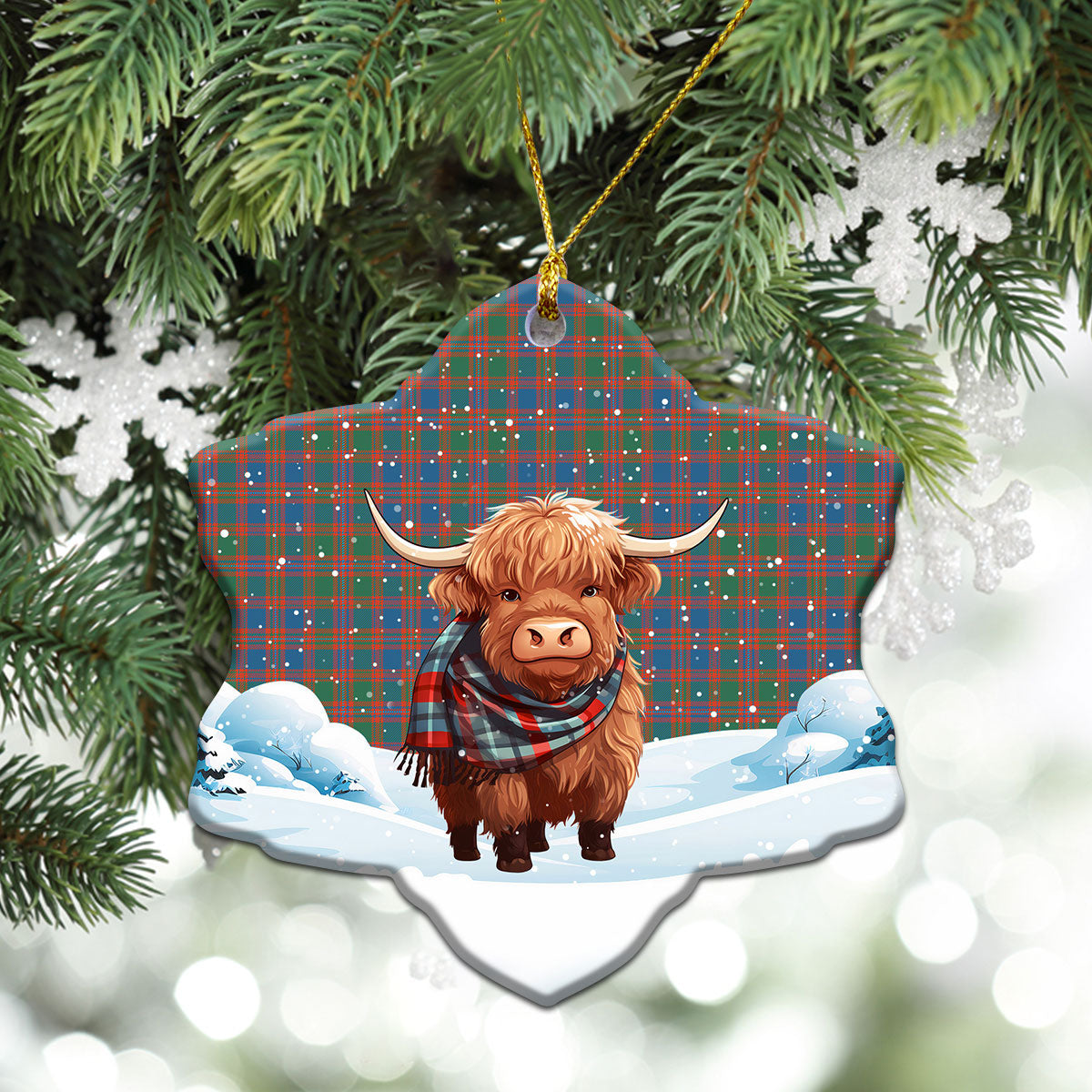 MacIntyre Ancient Tartan Christmas Ceramic Ornament - Highland Cows Snow Style