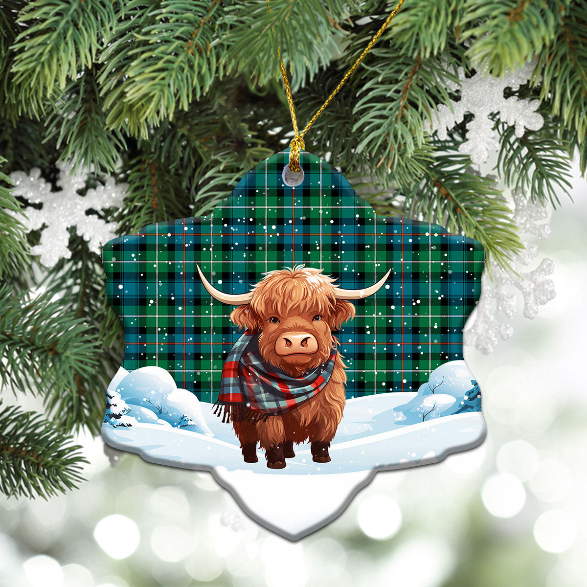 MacKenzie Ancient Tartan Christmas Ceramic Ornament - Highland Cows Snow Style