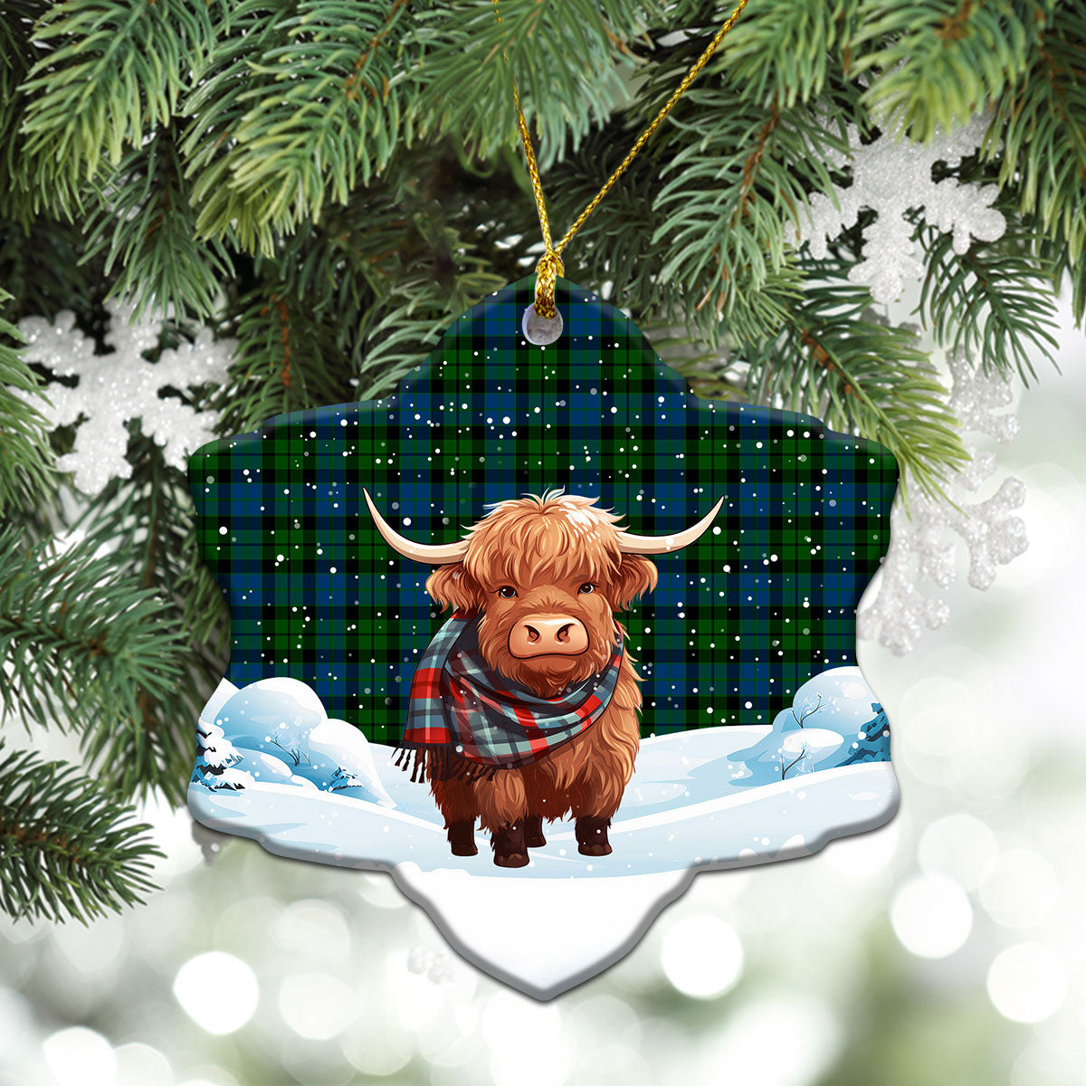 MacKie Tartan Christmas Ceramic Ornament - Highland Cows Snow Style