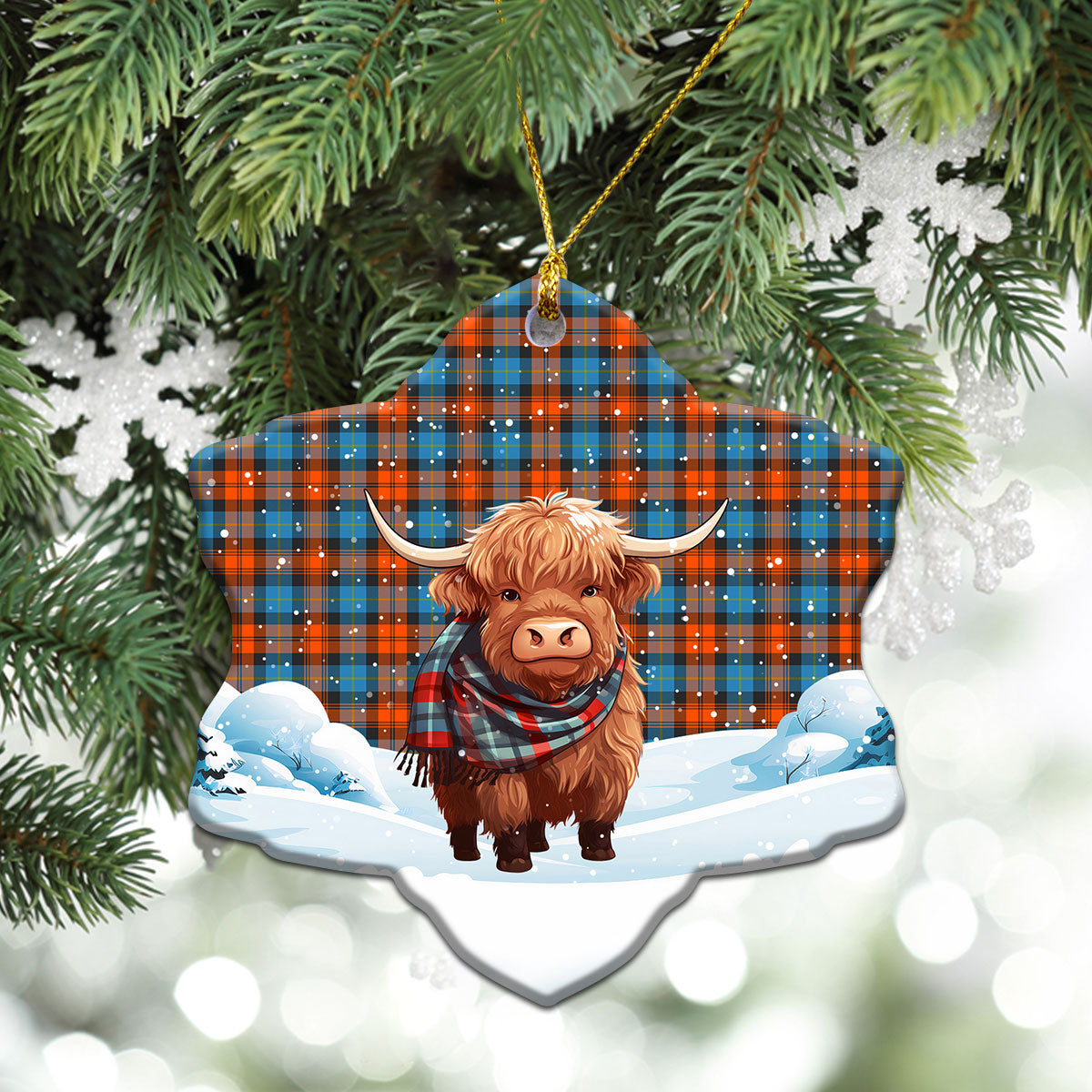 MacLachlan Ancient Tartan Christmas Ceramic Ornament - Highland Cows Snow Style