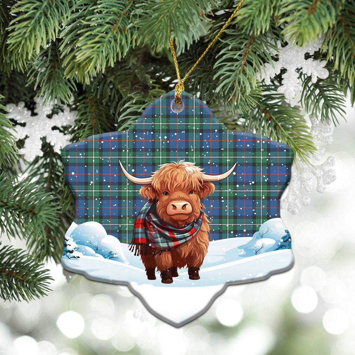 MacPhail Hunting Ancient Tartan Christmas Ceramic Ornament - Highland Cows Snow Style