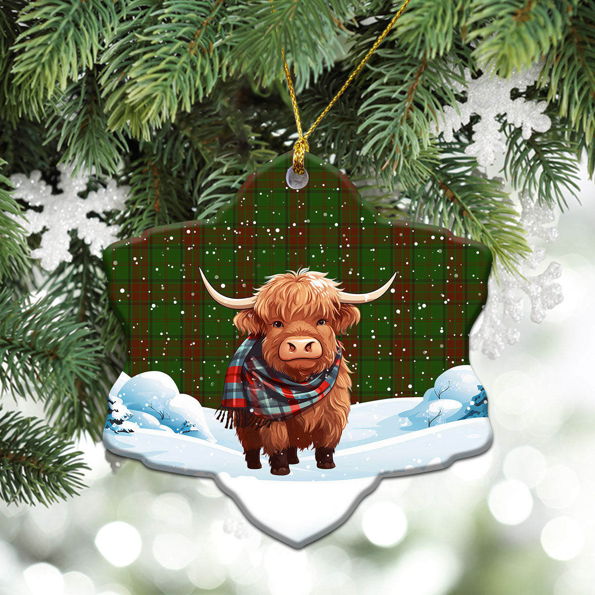 Maxwell Hunting Tartan Christmas Ceramic Ornament - Highland Cows Snow Style