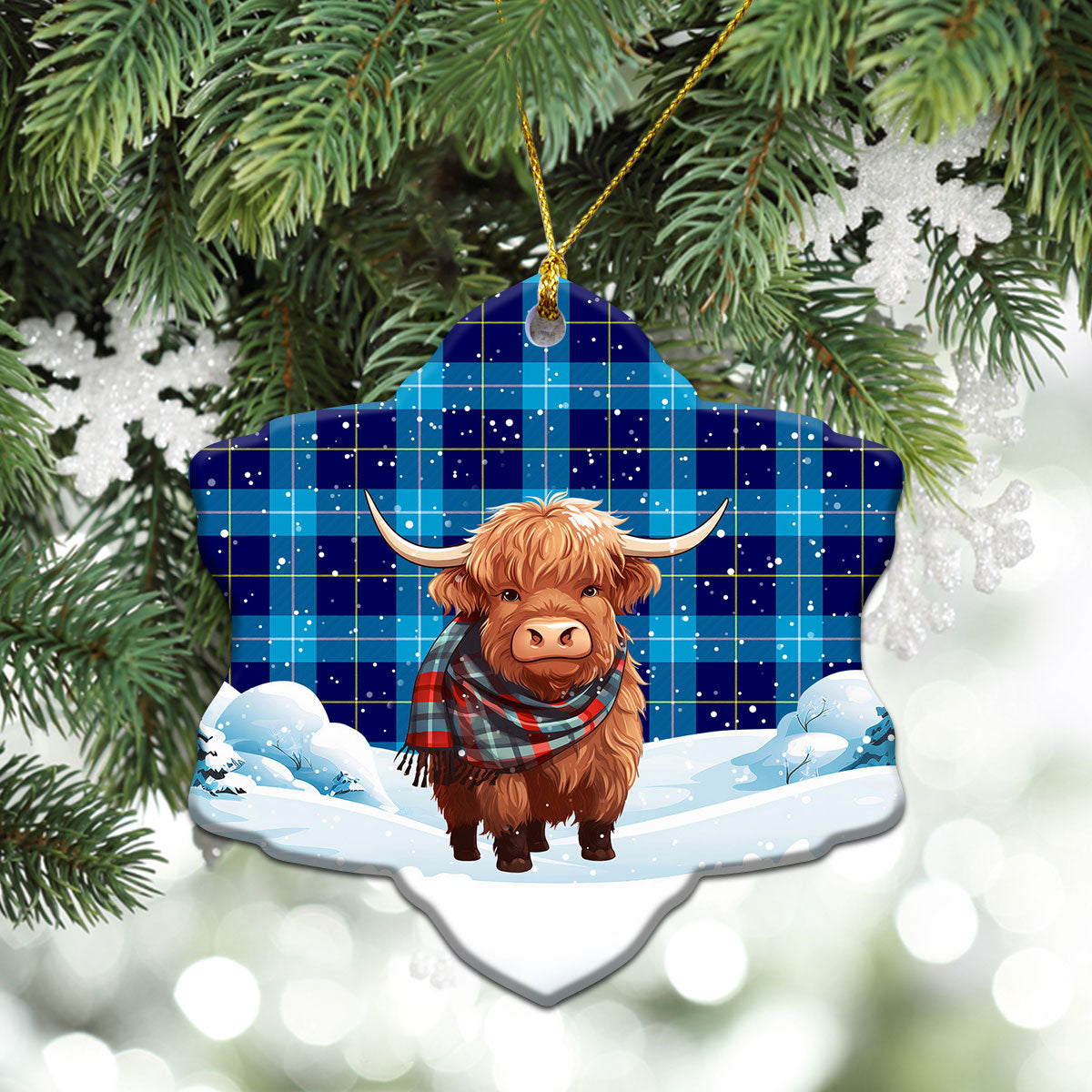 McKerrell Tartan Christmas Ceramic Ornament - Highland Cows Snow Style