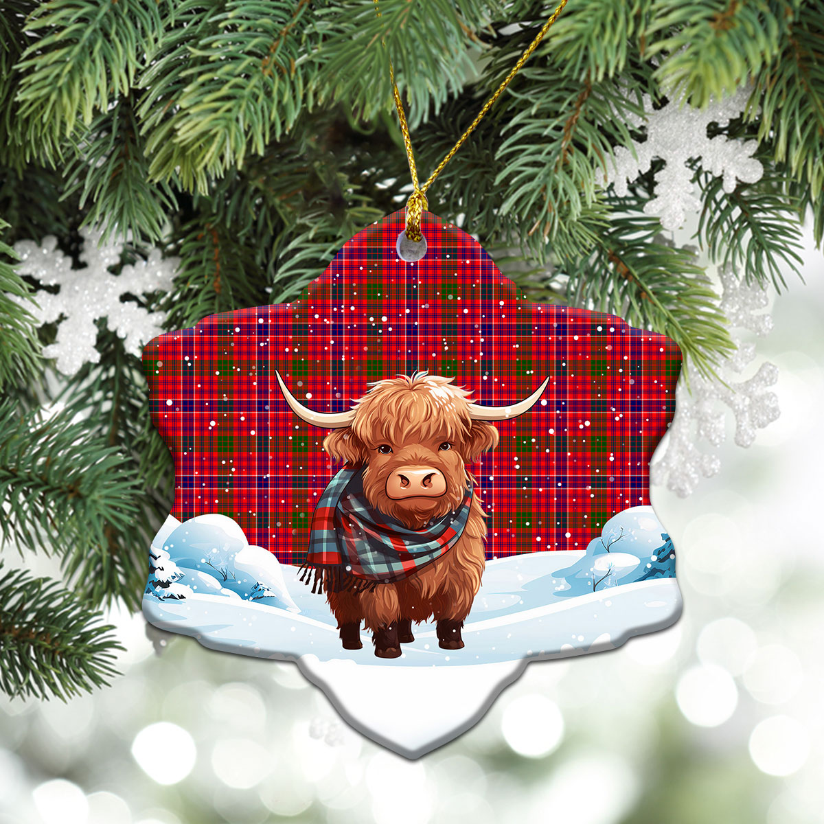 McRae Modern Tartan Christmas Ceramic Ornament - Highland Cows Snow Style