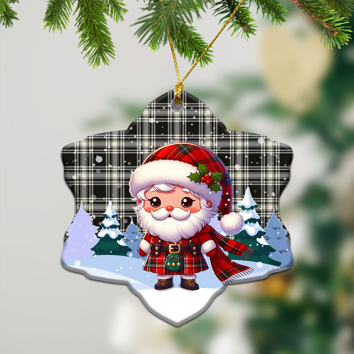 Menzies Black - White Ancient Tartan Christmas Ceramic Ornament - Santa Claus In Kilt Style