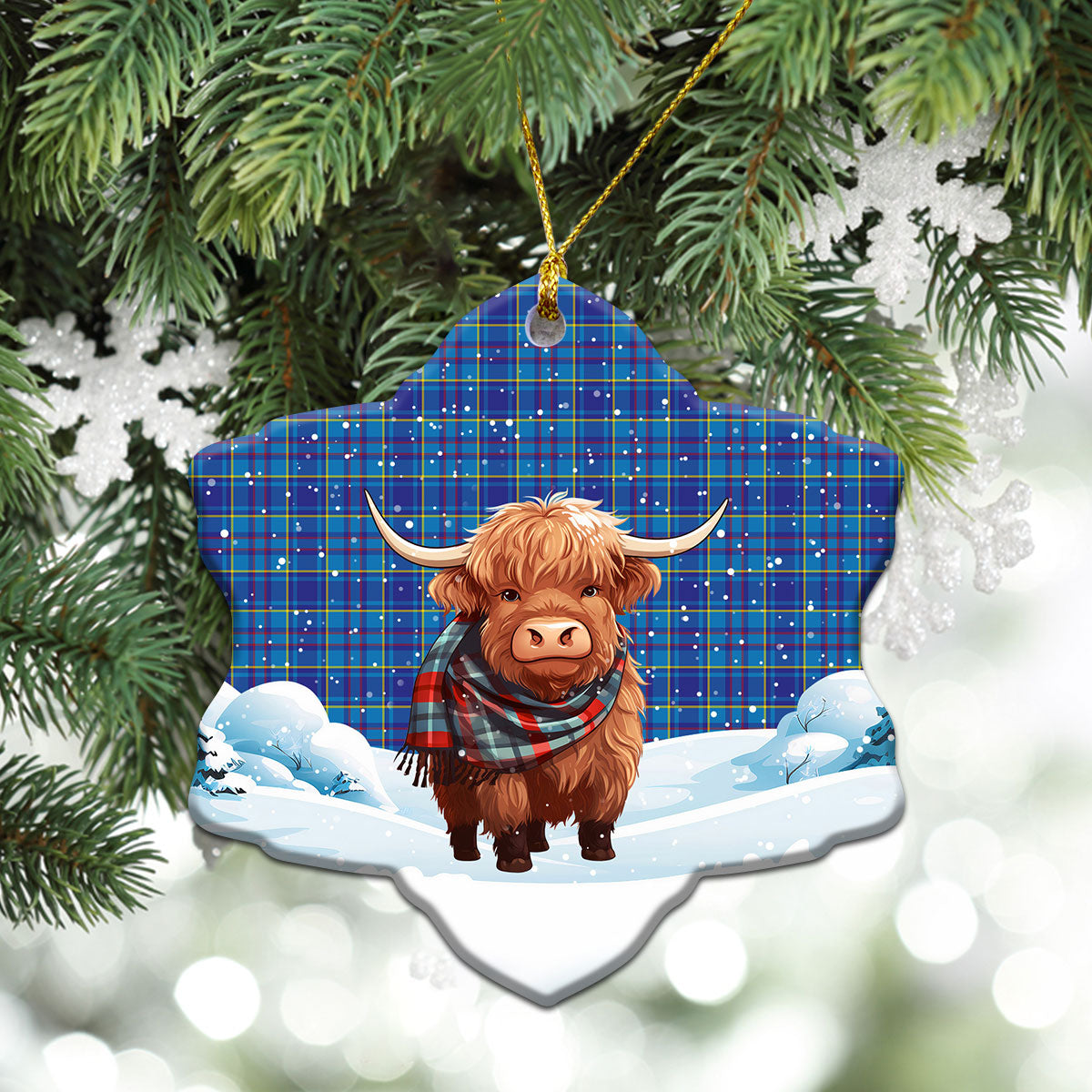 Mercer Modern Tartan Christmas Ceramic Ornament - Highland Cows Snow Style