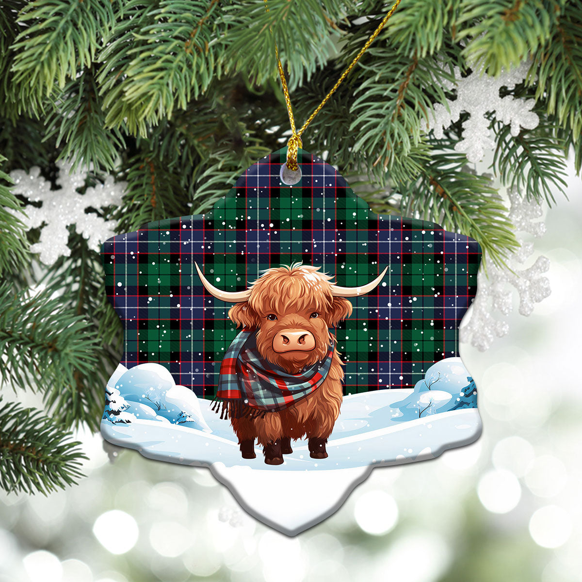 Mitchell Modern Tartan Christmas Ceramic Ornament - Highland Cows Snow Style
