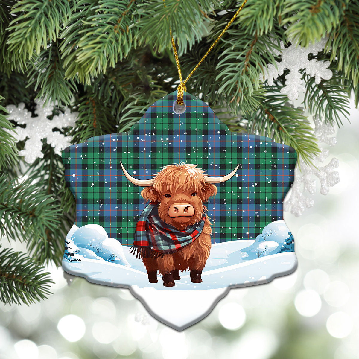 Morrison Ancient Tartan Christmas Ceramic Ornament - Highland Cows Snow Style